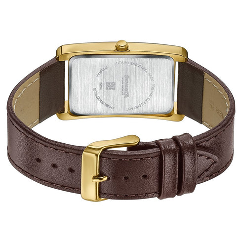 Sonata Ascent Gold Rectangular Watch with Brown Leather