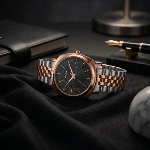 Sonata Vector Black Dial Two Tone Bracelet Watch for Men