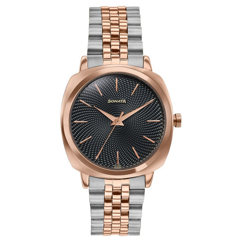Sonata Vector Black Dial Two Tone Bracelet Watch for Men