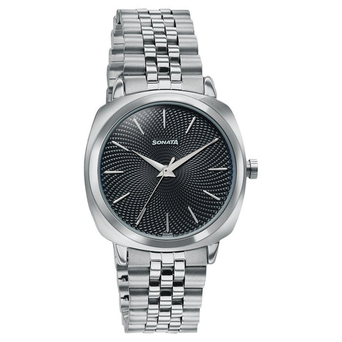 Sonata Vector Black Textured Dial Silver Tone Bracelet Watch for Men