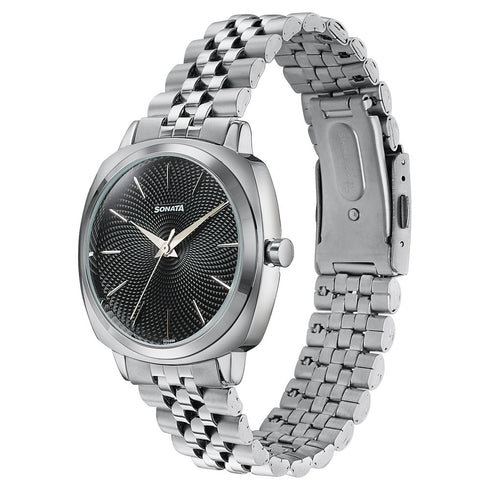 Sonata Vector Black Textured Dial Silver Tone Bracelet Watch for Men