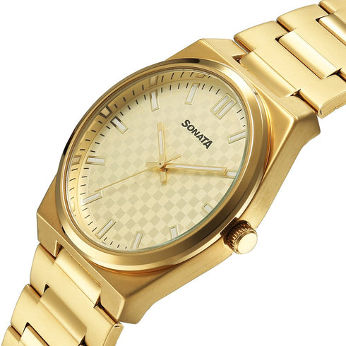 Sonata Festive Quartz Analog Golden Dial Metal Strap Watch For Men