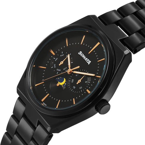 Sonata Festive Quartz Analog Black Dial Metal Strap Watch For Men Style 77202NM01