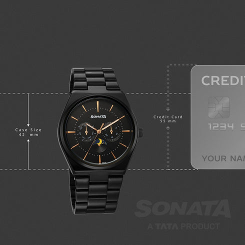 Sonata Festive Quartz Analog Black Dial Metal Strap Watch For Men Style 77202NM01