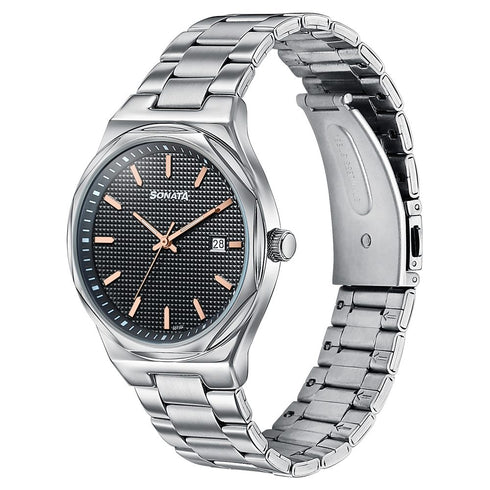 Sonata Jashn Quartz Analog Black Dial Silver Metal Strap Watch For Men
