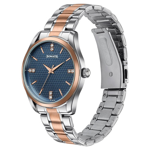 Sonata Jashn Quartz Analog Blue Dial Two Toned Metal Strap Watch For Men