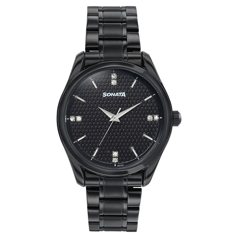 Sonata Jashn Quartz Analog Black Dial Black Metal Strap Watch For Men