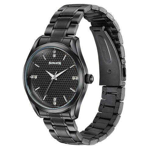 Sonata Jashn Quartz Analog Black Dial Black Metal Strap Watch For Men