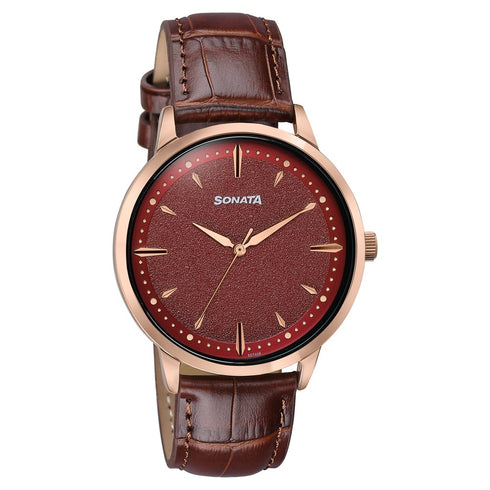 Sonata Jashn Quartz Analog Red Dial Brown Leather Strap Watch For Men
