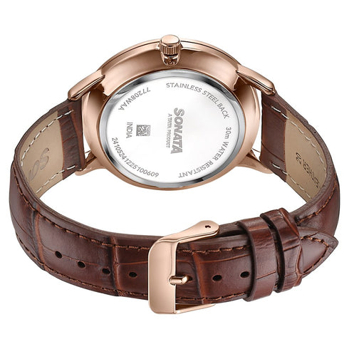 Sonata Jashn Quartz Analog Red Dial Brown Leather Strap Watch For Men