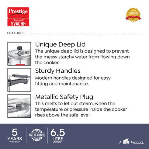 Prestige Nakshatra Plus Svachh Aluminium Spillage Control Pressure Cooker 6.5 L Silver