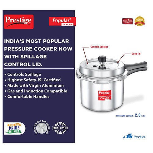 Prestige Popular Plus Svachh Virgin Aluminium Gas And Induction Compatible Pressure Cooker Silver 2 L