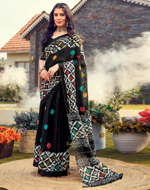 Sudathi Ready To Wear Black Printed Cotton Saree