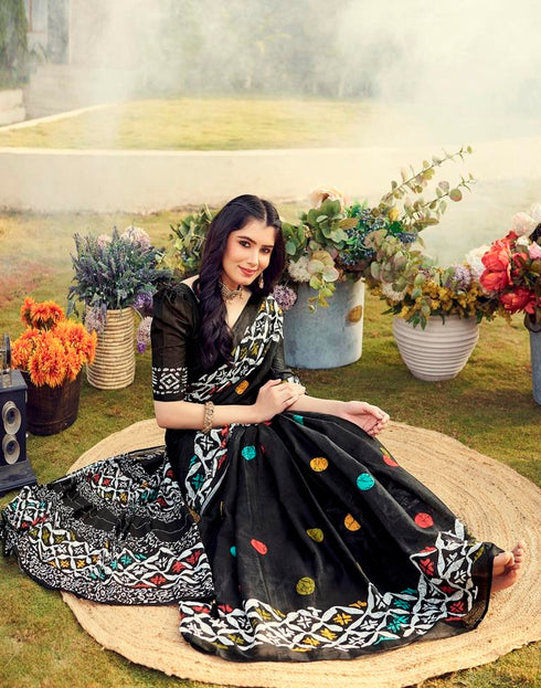 Sudathi Ready To Wear Black Printed Cotton Saree