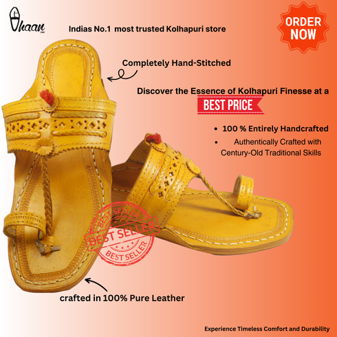 Vhaanfootwear Original Yellow Pure Leather Moja shape Handstitched Kolhapuri Chappal For Men Vhaan