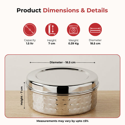 Vinod Stainless Steel Hammered Puri Dabba Set of 4 Capacity 1200 ml 1500 ml 2100 ml 2500 ml Heavy Gauge Steel Airtight Lids and Rust Free