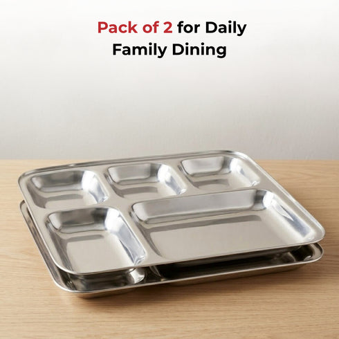 Vinod Stainless Steel 5 Compartment Plate with Square Edges Lunch and Dinner Plate Bhojan Thali High Quality Steel Rust Free Pack of 2