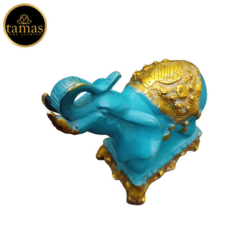 Tamas Brass Handcrafted Ethnic Elephant Showpiece Trunk Up Statue / Idol with Antique Finish (Golden & Blue) (Pack of 1)