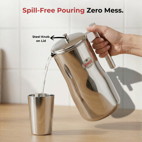 Vinod Stainless Steel Magnum Water Pitcher Jug with Cover 1700 ml Mirror Finish Sturdy Tough Build Dishwasher Safe Leak Free