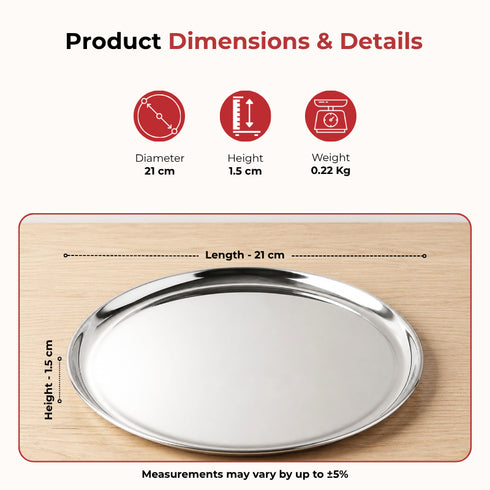 Vinod Stainless Steel Bangla Bogi Plate Lunch Plate Dinner Plate Set of 6 21 cm High Grade Stainless Steel Mirror Finish