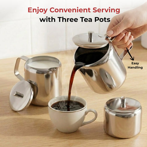 Vinod Stainless Steel 3 Pieces Jumbo Tea Set 1400 ml Tea Pot 250 ml Milk Pot and 250 ml Sugar Pot Highest Grade Steel Mirror Finish Rust Free