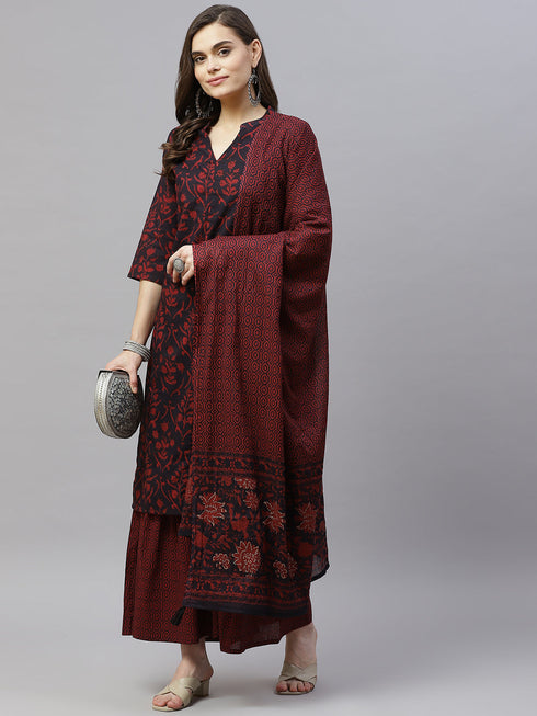 Miravan Womens Maroon Cotton Floral Print Straight Kurta Sharara And Dupatta Set