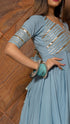 Pomcha Jaipur Powder Blue Pure Cotton Anarkali With Organza Dupatta Set