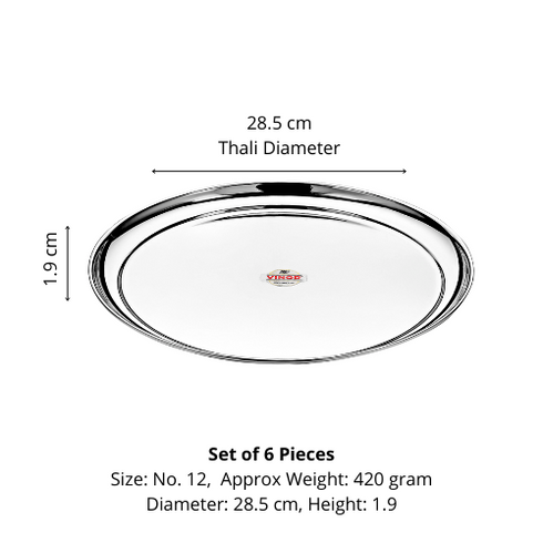 Vinod Stainless Steel Rajbhog Plate Set of 6 28.5 cm Lunch and Dinner Plate Highest Quality Stainless Steel Mirror Finish Rust Free