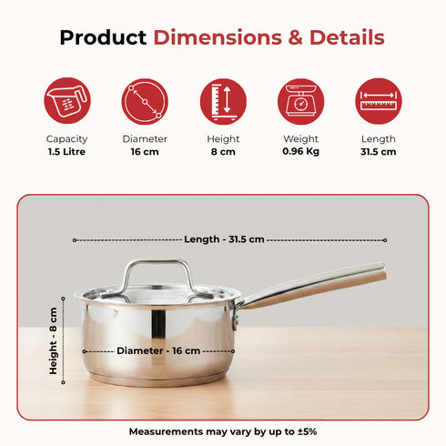Vinod Doniv Stainless Steel Majestic Sandwich Bottom Sauce Pan 1.5 Liter 16 cms Induction Friendly
