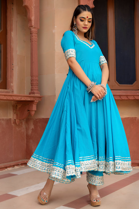 Pomcha Jaipur Kalamkari Blue Pure Cotton Anarkali Set With Soft Net Dupatta