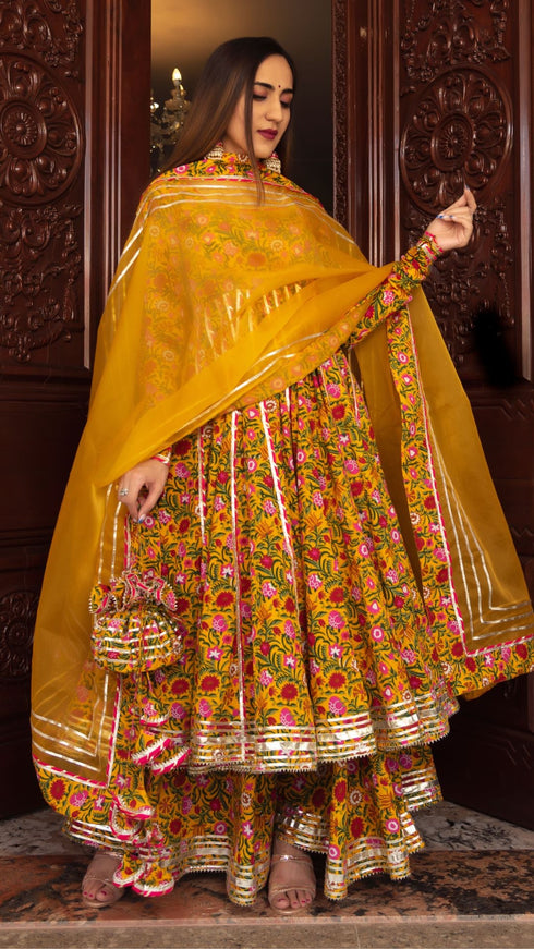 Pomcha Jaipur Yellow Cotton Hand Block Print Anarkali Plazo Set With Organza Dupatta