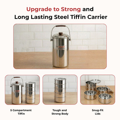 Vinod Stainless Steel Deluxe Hot Tiffin with 5 Compartments Insulated Rust Free Leak Proof Strong and Tough Dishwasher Safe