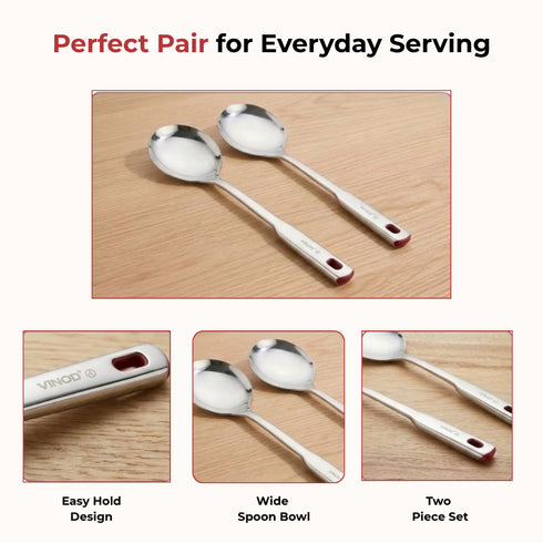 Vinod Stainless Steel Queen Kabdir Serving Spoon Cooking Spoon Spatula Set of 2 37 cm Long Handle High Grade Stainless Steel Rust Free Dishwasher Safe No 1
