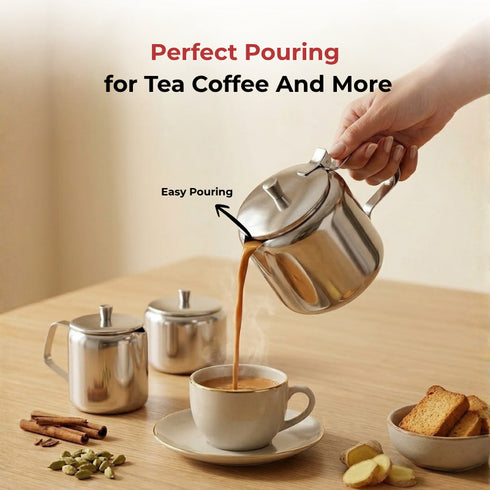 Vinod Stainless Steel 3 Piece Medium Tea Pot Set 750 ml Tea Pot 250 ml Milk Pot and 250 ml Sugar Pot Highest Grade Steel Mirror Finish Rust Free
