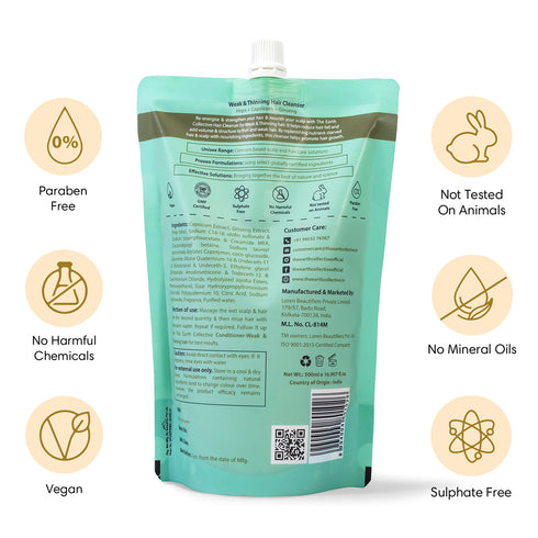 Theearthcollective in Weak & Thinning Hair Cleanser Shampoo 500ml Refill Pack Hops Capsicum & Ginseng