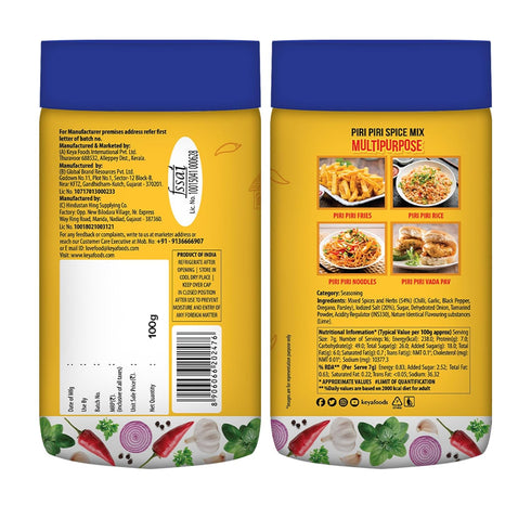 Keyafoods Keya Piri Piri Peri Peri Exotic Spice Mix Multi purpose Seasoning Zero Artifical Colours No Added MSG Instant Seasoning Mix Marinade Mix Dip Mix Sprinkler Perfect for Fries Sweet Corn Makhana Papad Khichdi 100g Pack of 3
