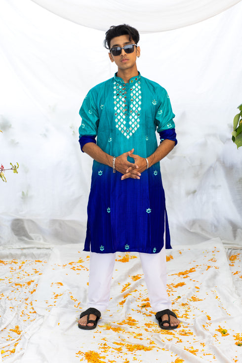 Kzari Blue Shaded Kurta with Mirror Neck Detail