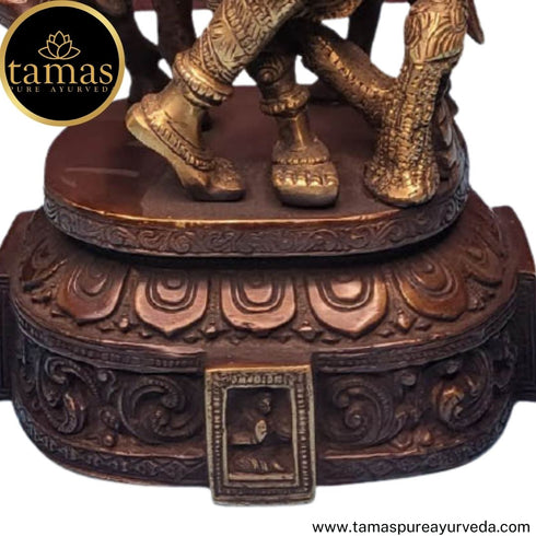 Tamas Brass Handcrafted Lord Krishna Bhagwan Playing Flute with Gau MATA Metal Murti Statue / Idol with Antique Finish ( Brown)