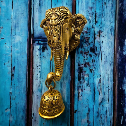 Tamas Brass Lord Ganesh/Ganesha Mask with Bell Wall Hanging Golden)
