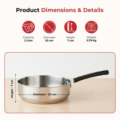 Vinod DONIV Stainless Steel Sandwich Bottom Solitaire Fry Pan 20 cms Induction Friendly Capacity 2 Liter