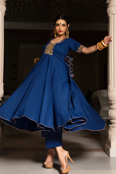 Pomcha Jaipur Minakari Blue Cotton Anarkali Set With Embroidery Lace Soft Net Dupatta