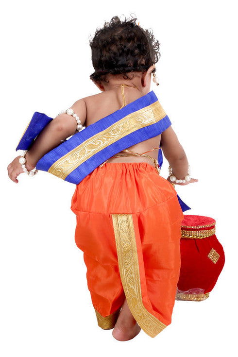 Raj Fancy Baby Krishna Orange and Blue Brocade Fabric Janmashtami Mythological Character Costume