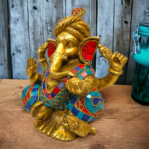 Tamas brass Ganesha adorned with turquoise stones and wearing a turban idol/statue