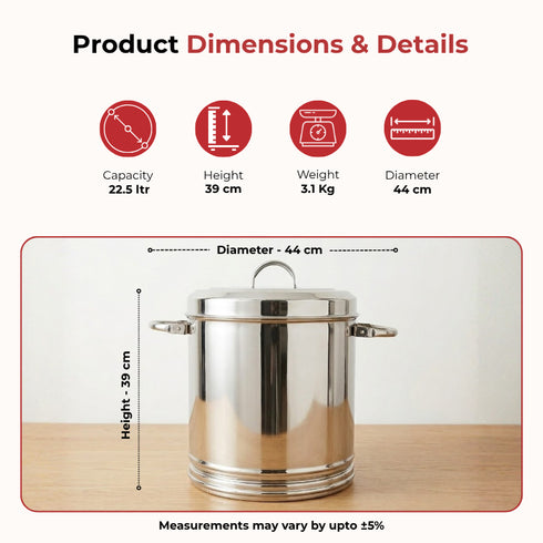 Vinod Stainless Steel Heavy Gauge Ration Dabba 22.5 Litre No 16 with Lid and Side Handle Highest Grade Steel Mirror Finish and Rust Free