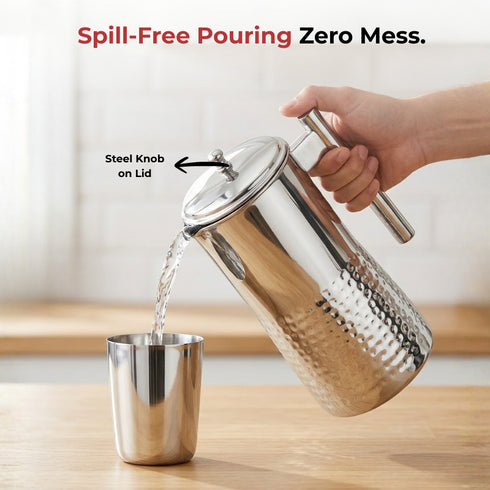 Vinod Stainless Steel Hammered Magnum Water Pitcher Jug with Cover 1700 ml Premium Stainless Steel Tough and Durable Dishwasher safe