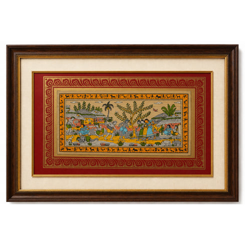 Palm Leaf Handmade Painting of Tribal Warli Village Life