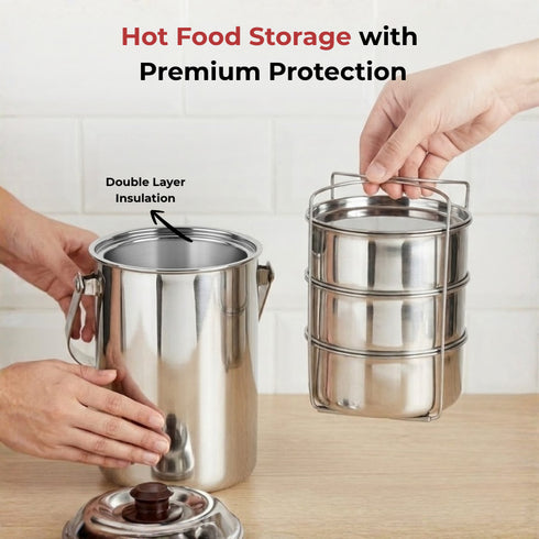 Vinod Stainless Steel Deluxe Hot Tiffin with 3 Compartment Insulated Rust Free Leak Proof Dishwasher Safe Strong and Tough