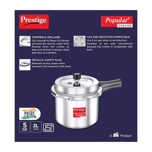 Prestige Popular Plus Svachh Virgin Aluminium Gas And Induction Compatible Pressure Cooker Silver 2 L