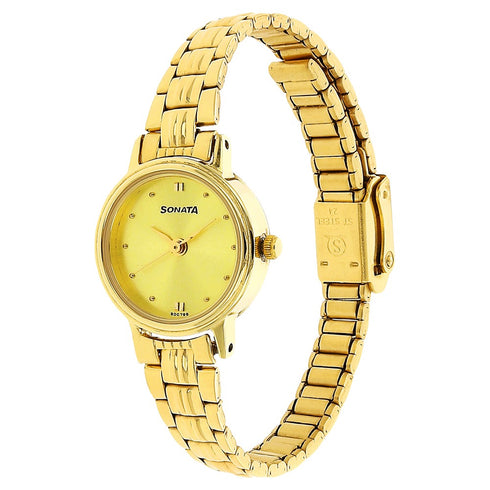 Sonata Quartz Analog Champagne Dial Metal Strap Watch for Women Style NU8096YM02