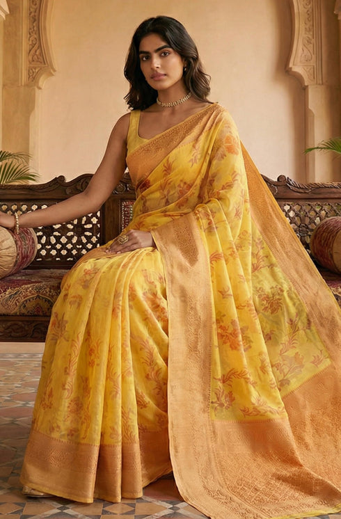 Vasthrlay Yellow Jacquard Floral Saree